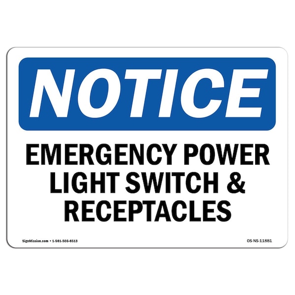 OSHA Notice Sign, 3.5" H, Emergency Power Light Switch And Receptacles Sign, Landscape, 10PK